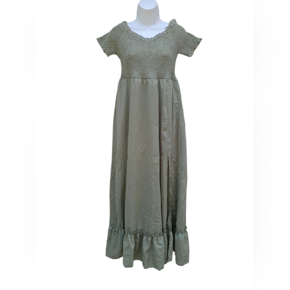 Cottagecore Green Polka Dot Smocked Ruffle Maxi Dress Size Medium